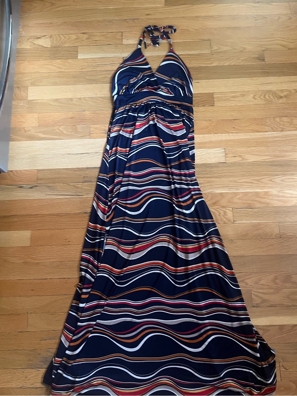 Veronica M Navy Halter Maxi with Multicolor Wavy Stripes